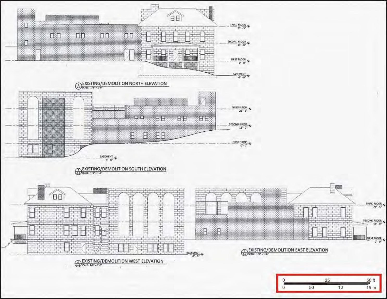 Exterior elevation of the complex from the demolition plan.