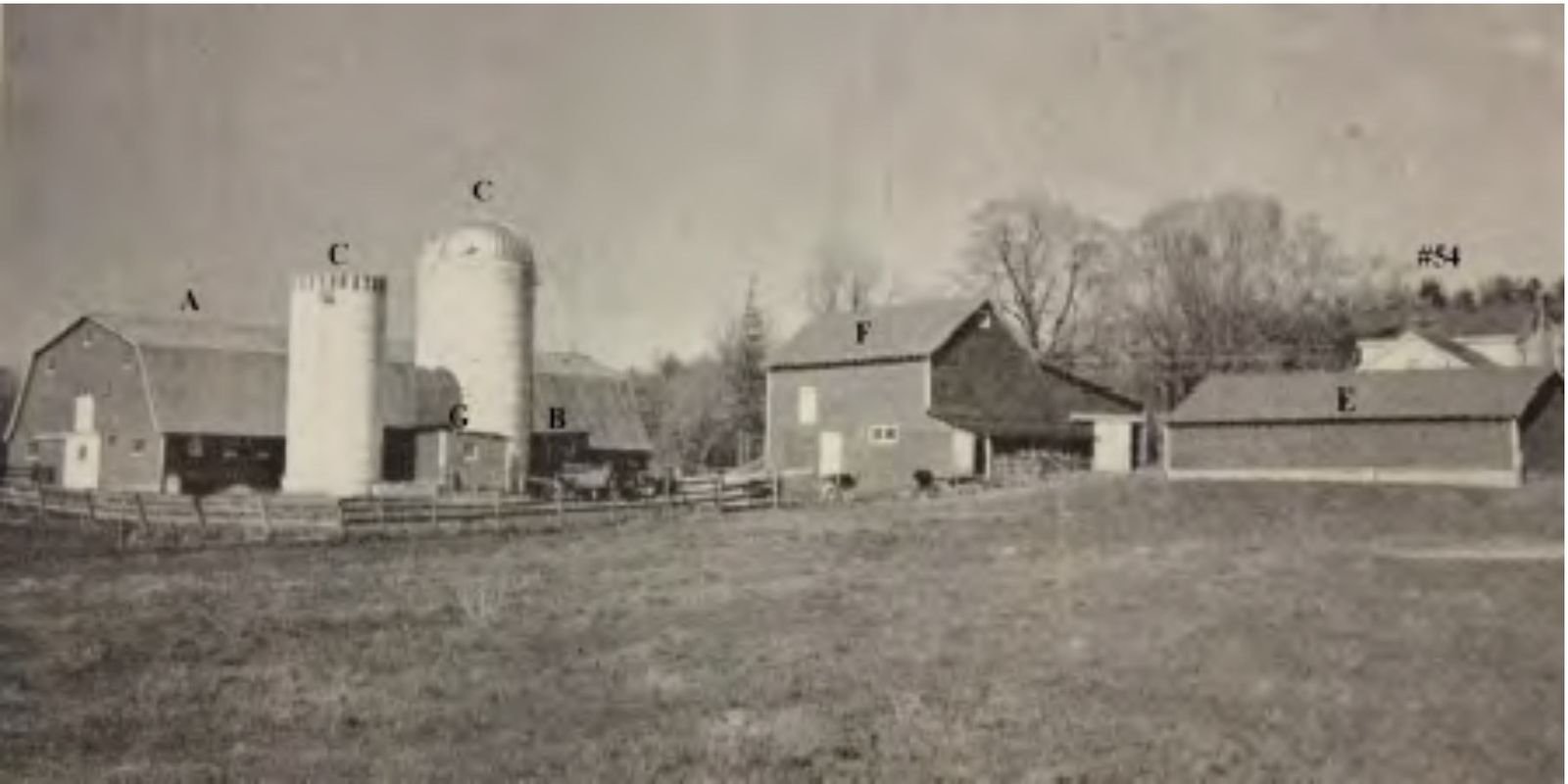 The farm complex from the north, circa 1960 (Bethlehem Chamber of Commerce).